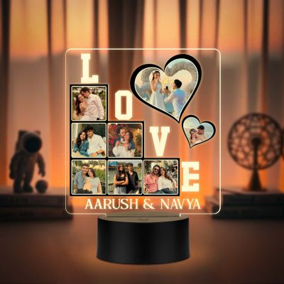 Personalized 3D LED Love Photo Lamp Customized Acrylic Night Light with 8 Photos & Names Anniversary, Wedding, or Valentine’s Day Gift for Couples Warm White Light Tabletop Room Decor